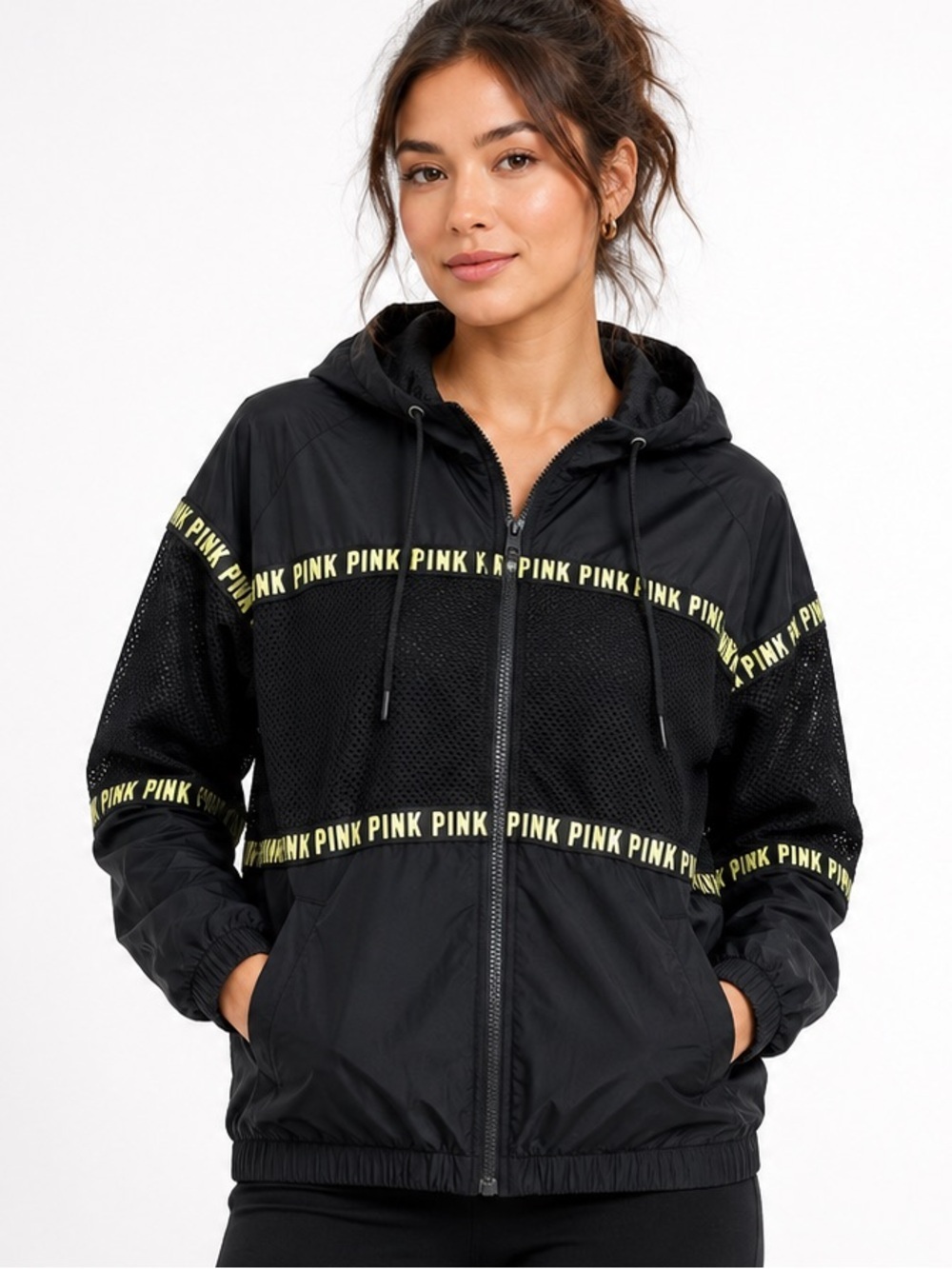 PINK Victoria’s Secret full zip windbreaker jacket with hood Sz M/L medium/large